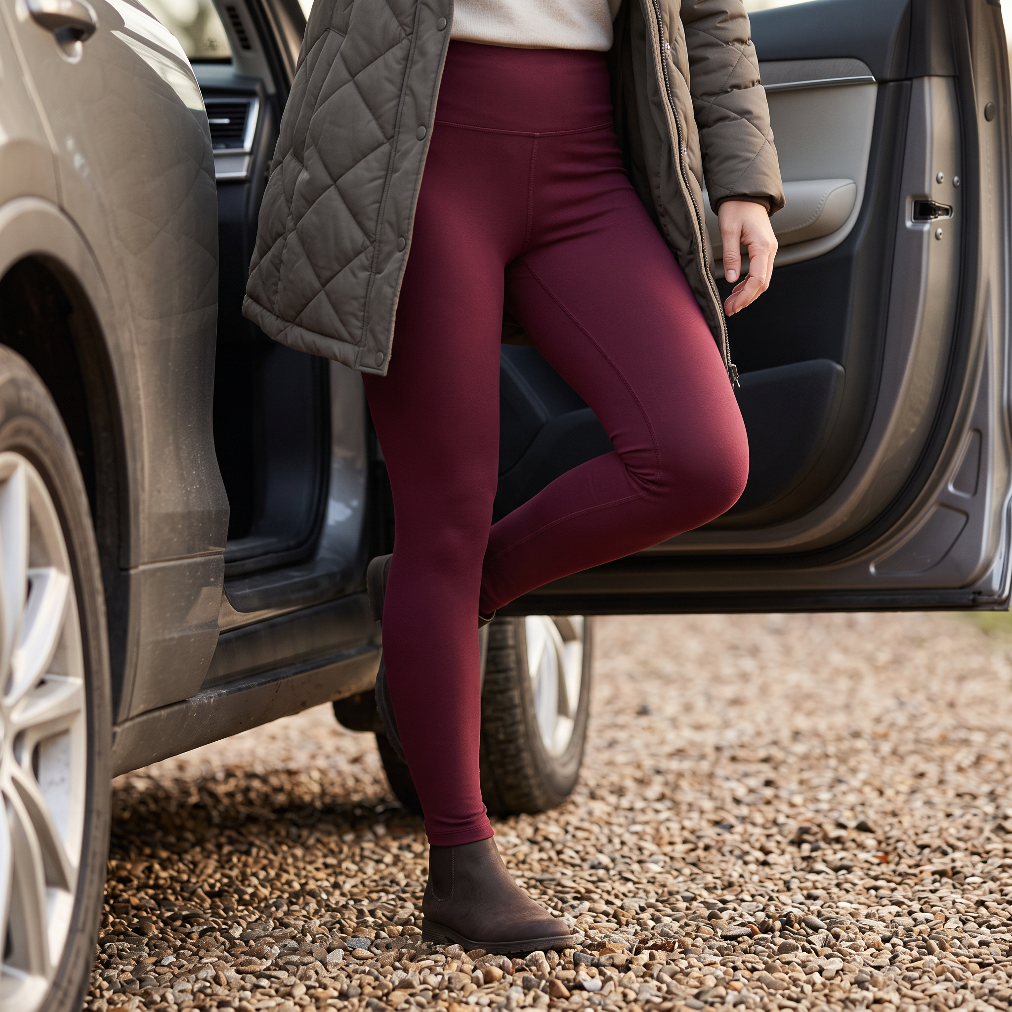 Solid wine red fleece lined leggings worn stepping out of a car onto a gravel driveway