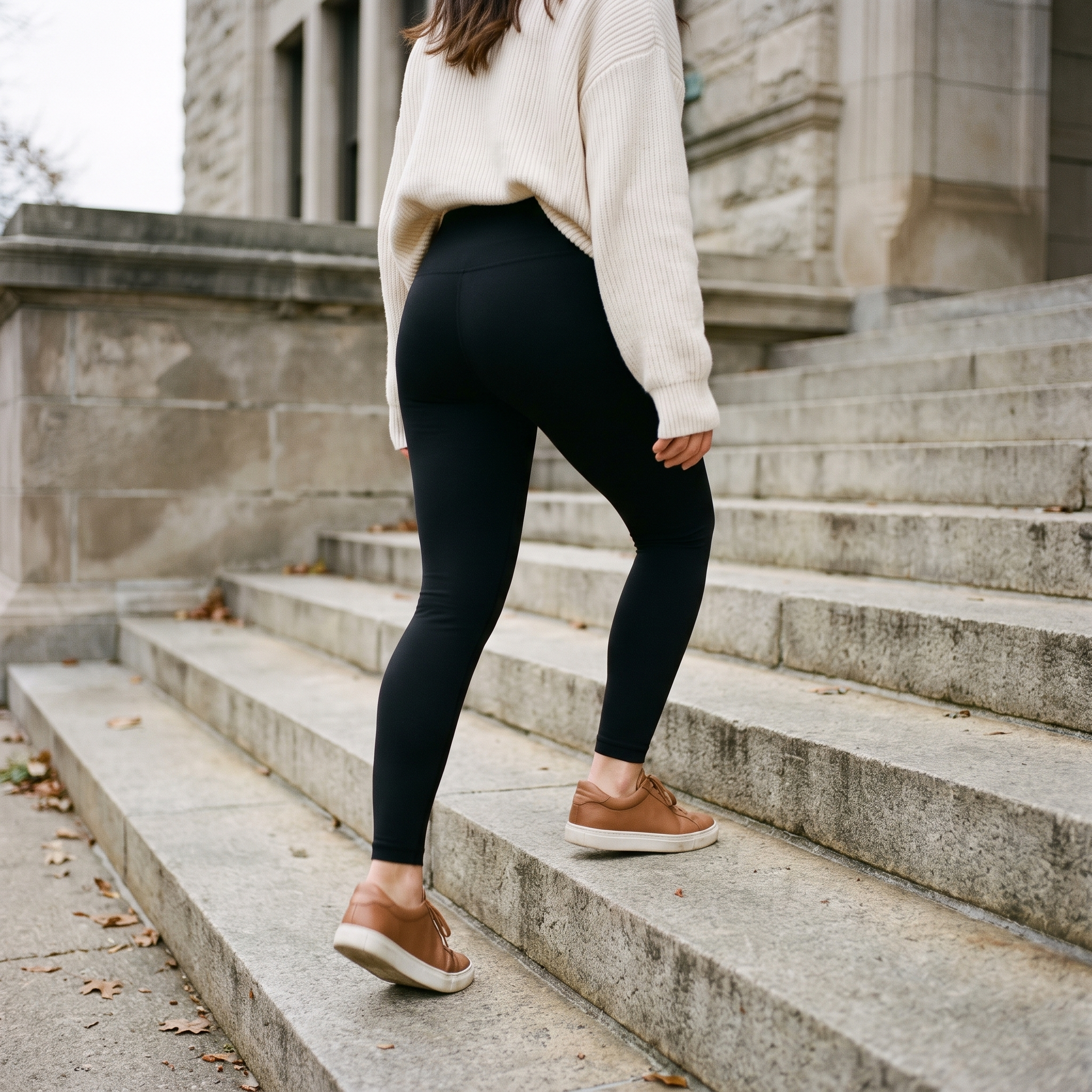Solid black fleece lined high waisted leggings worn climbing concrete steps