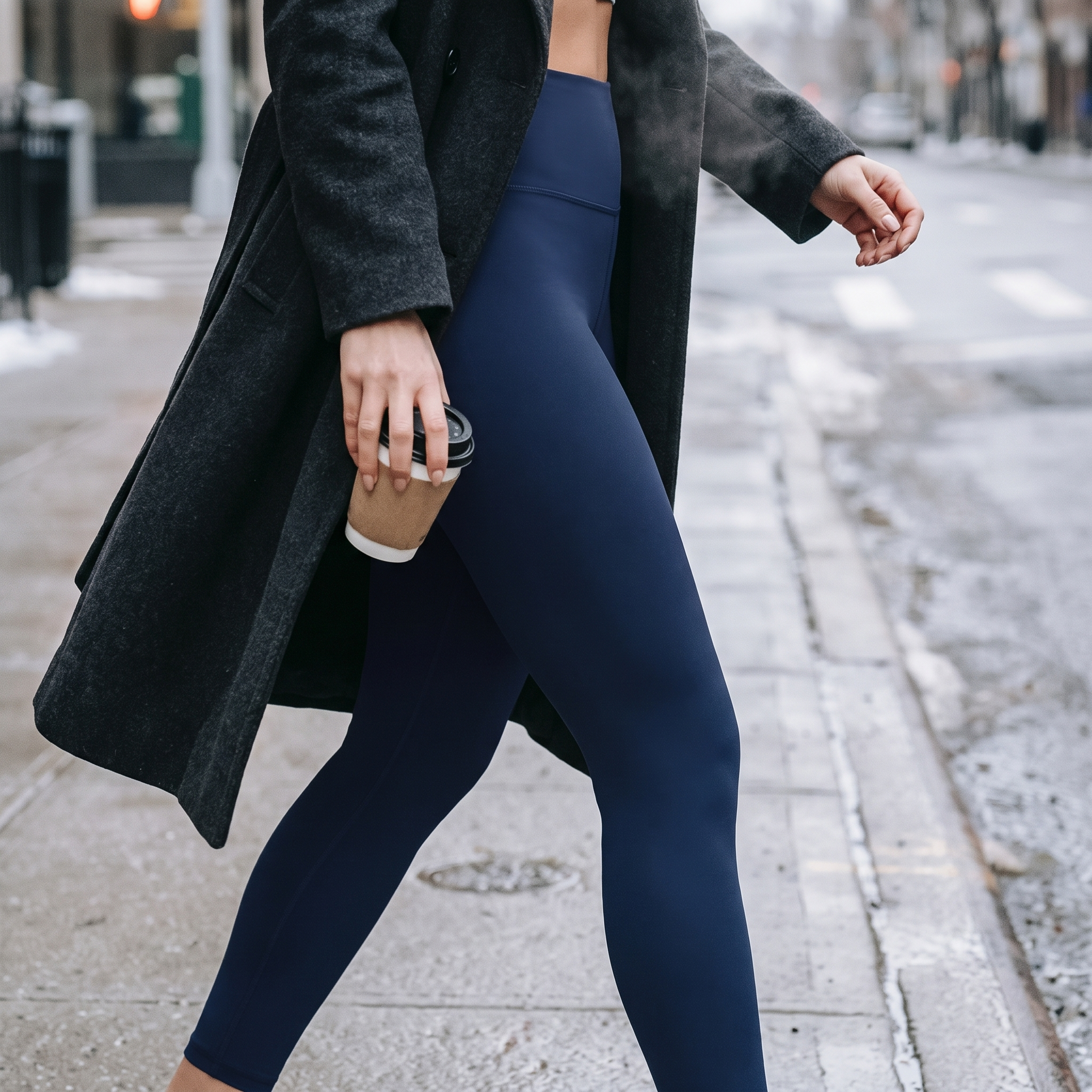 Solid navy fleece lined thermal leggings worn walking on a cold city sidewalk