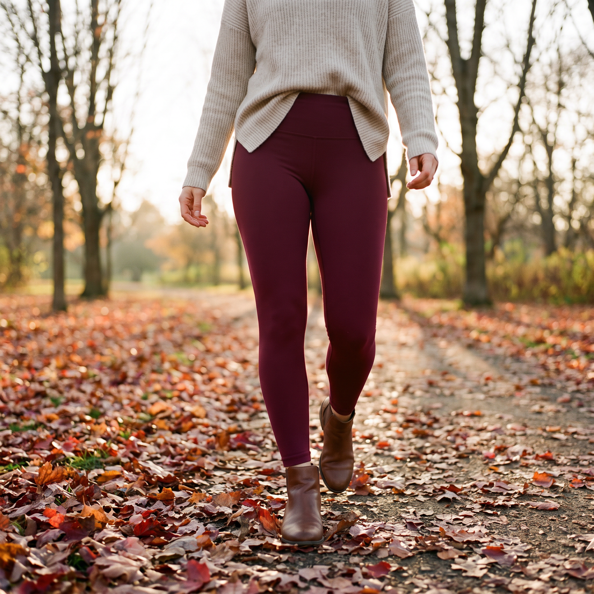 Solid wine red fleece lined leggings worn walking a leaf covered autumn park path