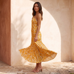 Yellow floral one shoulder maxi dress in side profile with the skirt lifting in a breeze