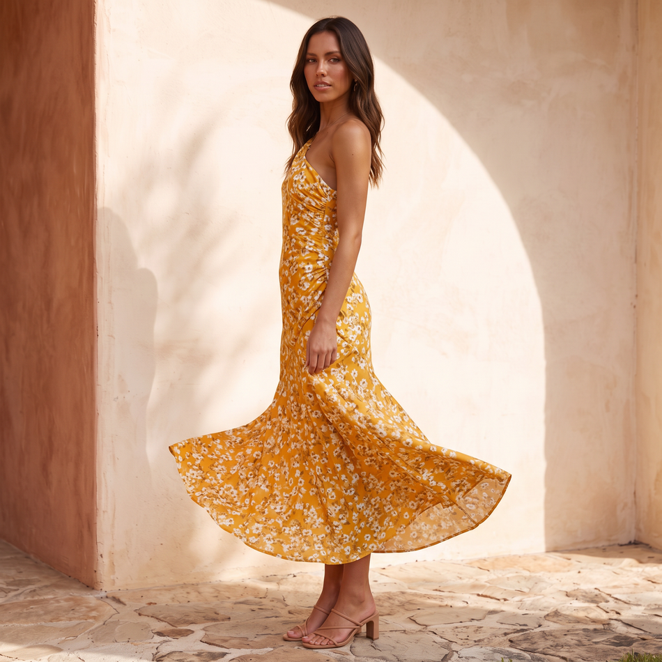 Yellow floral one shoulder maxi dress in side profile with the skirt lifting in a breeze