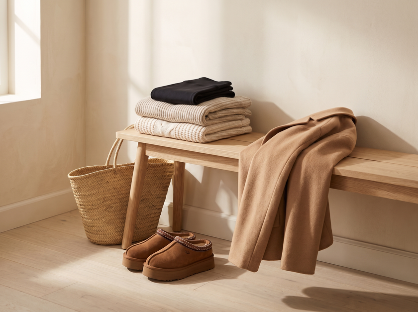 Autumn capsule wardrobe laid out on an oak bench with ShapelyU suede slipper clogs on the floor