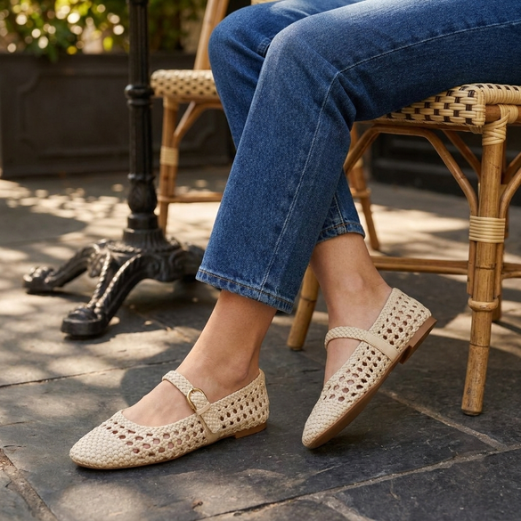 v2 Wheat woven Mary Jane flats seated on a cafe terrace