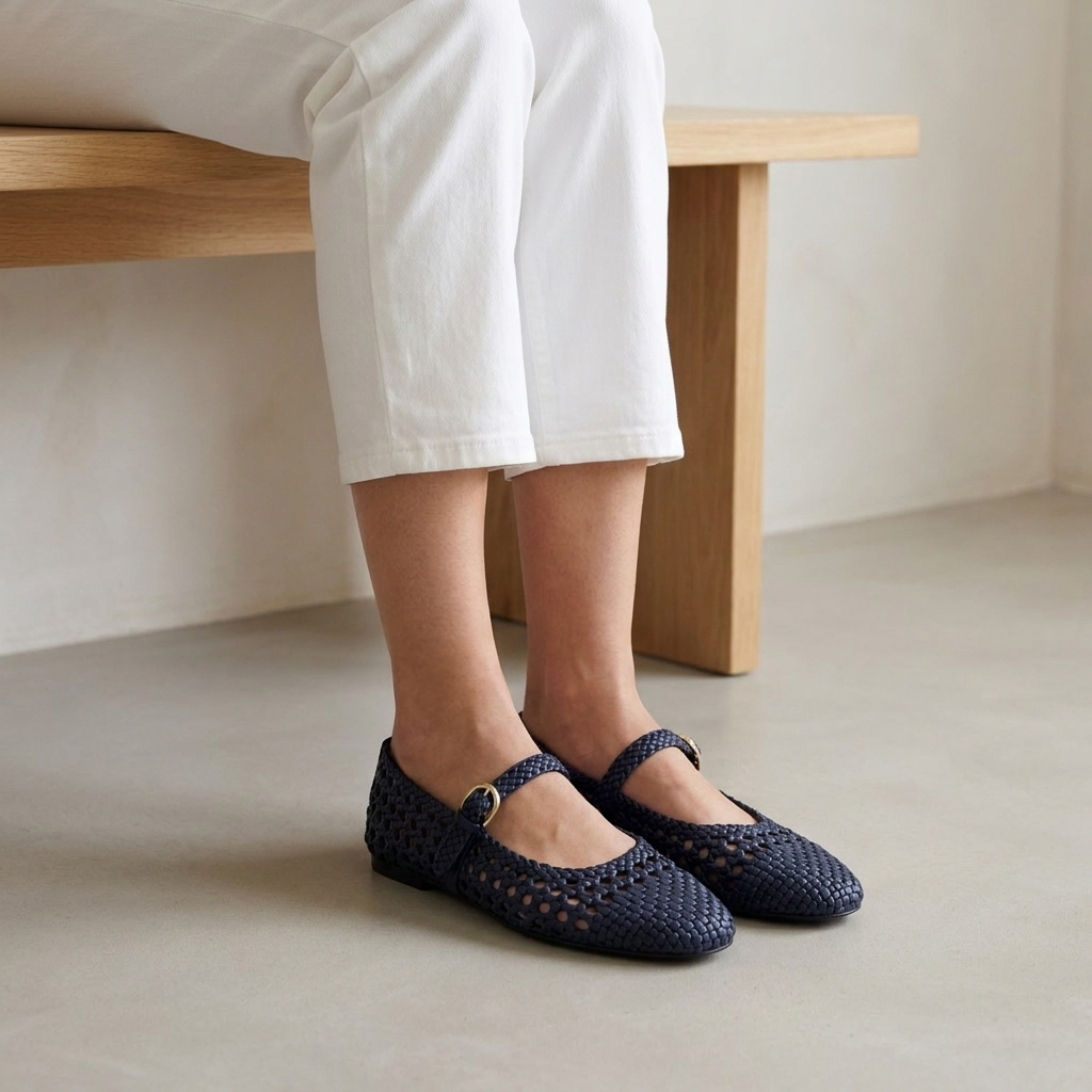 v2 Navy woven Mary Jane flats seated on a light wood bench