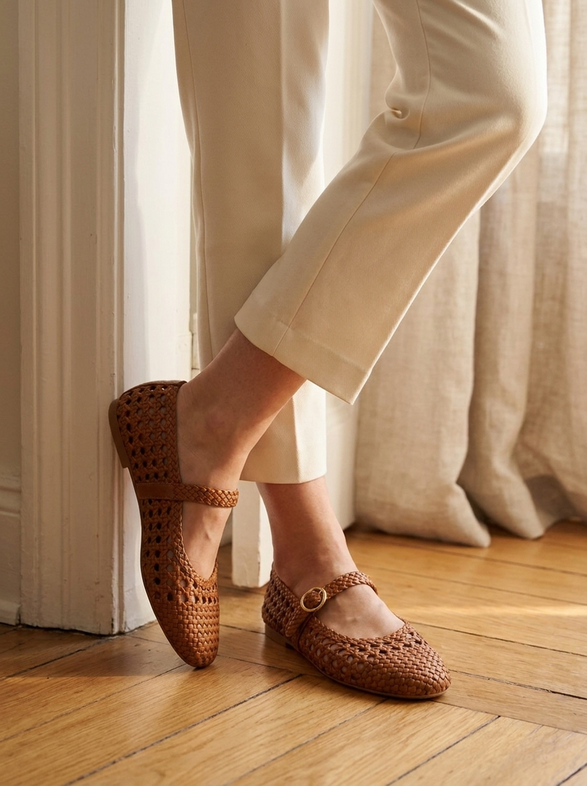 Windsor woven Mary Jane flats worn with cream cropped trousers