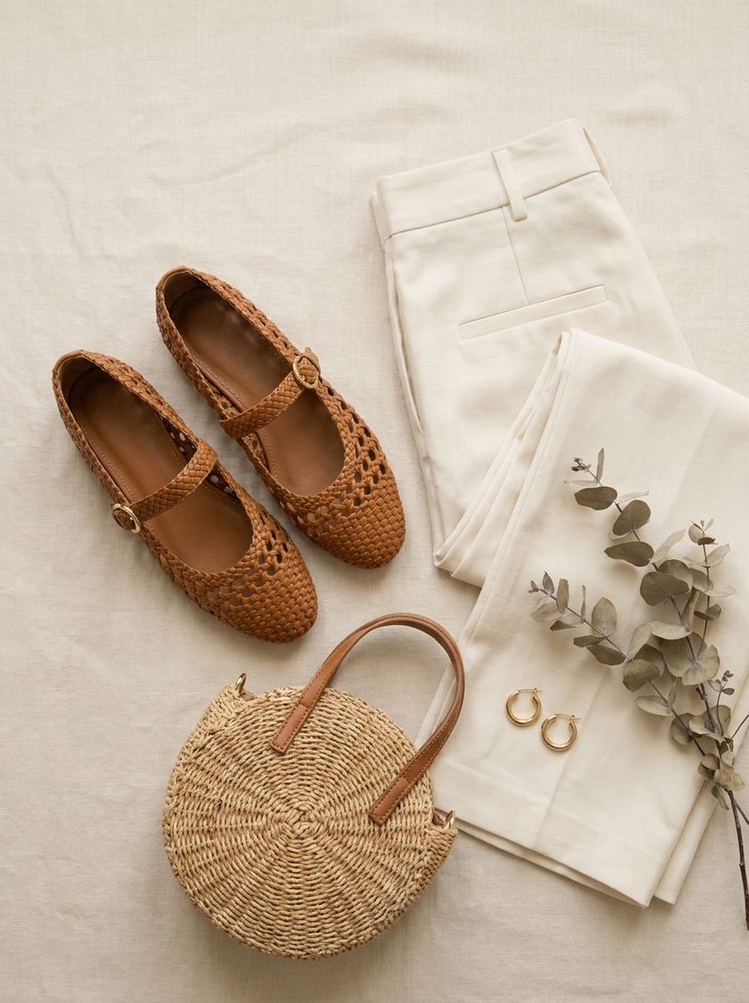 Windsor woven Mary Jane flats styled flat lay with trousers and straw bag