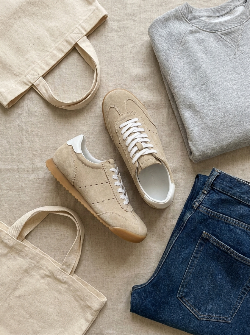 Tock suede sneakers styled flat lay with denim and a canvas tote