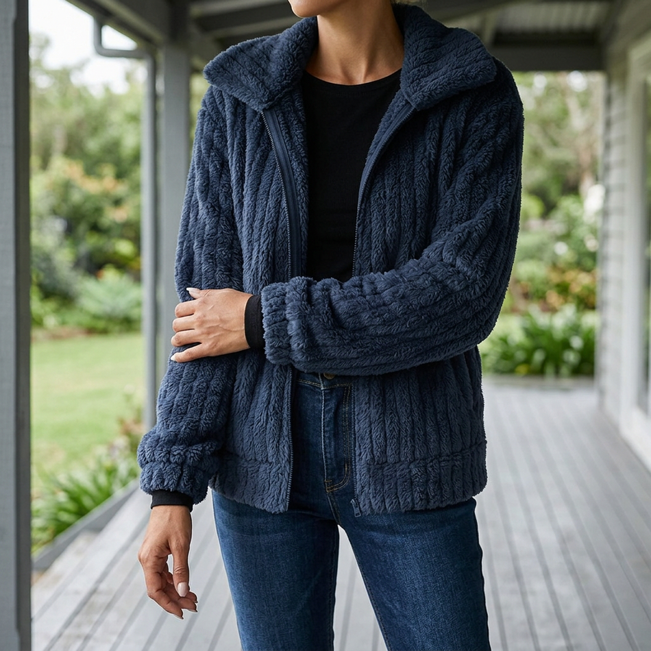 v2 Navy blue Isadora fluffy cardigan on a covered porch