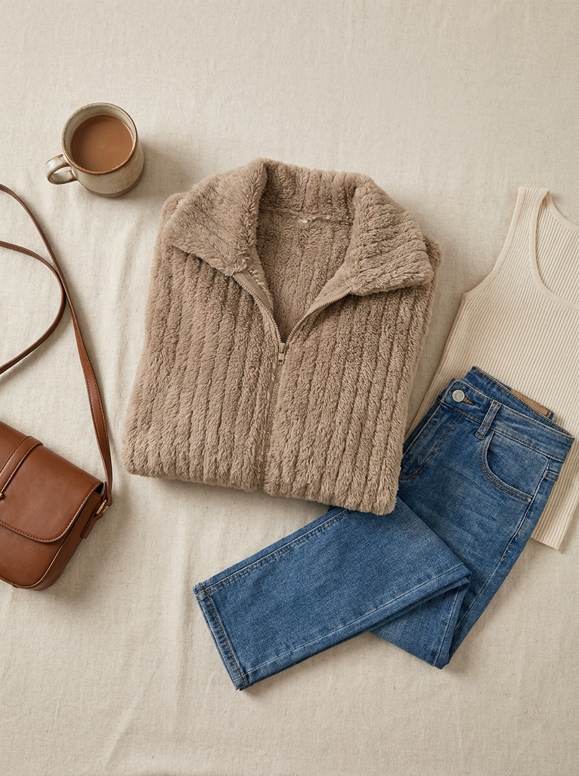 Isadora cardigan styled flat lay with denim and a tank