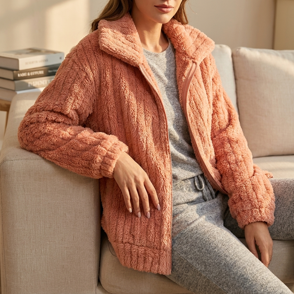 v2 Pink Isadora fluffy cardigan seated in a sunlit living room