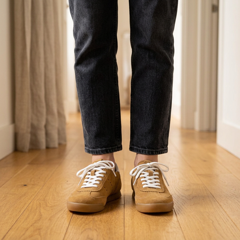 v3 Chestnut Tock suede sneakers on oak floorboards