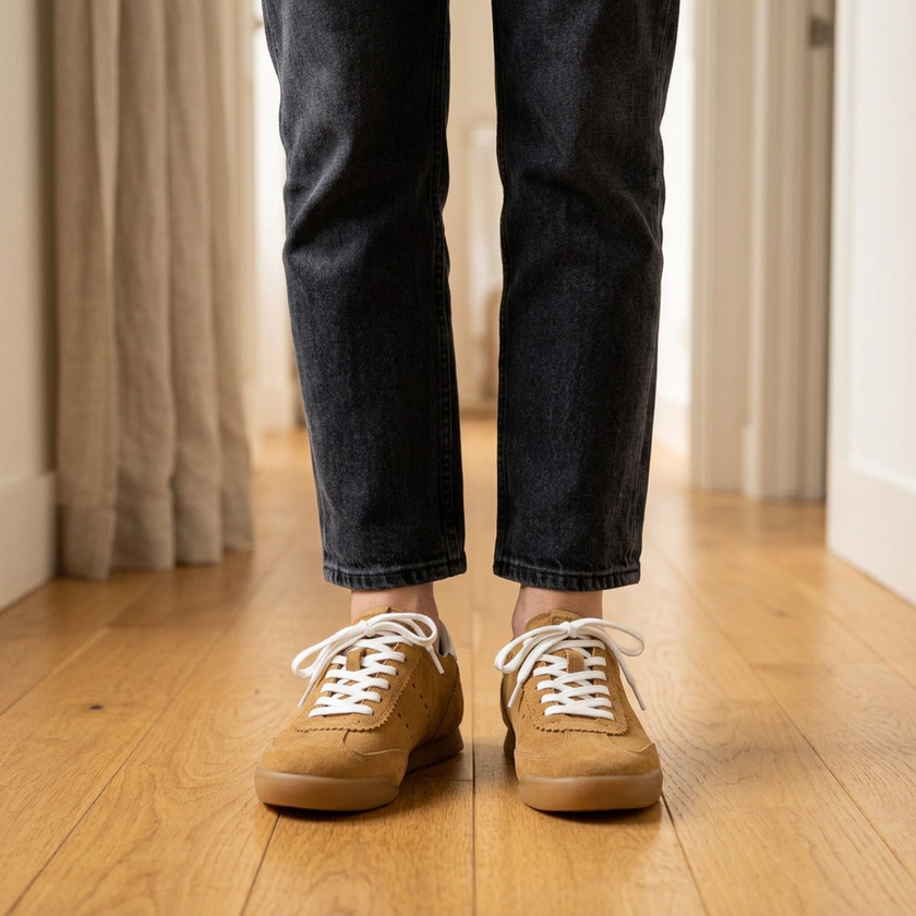 v3 Chestnut Tock suede sneakers on oak floorboards