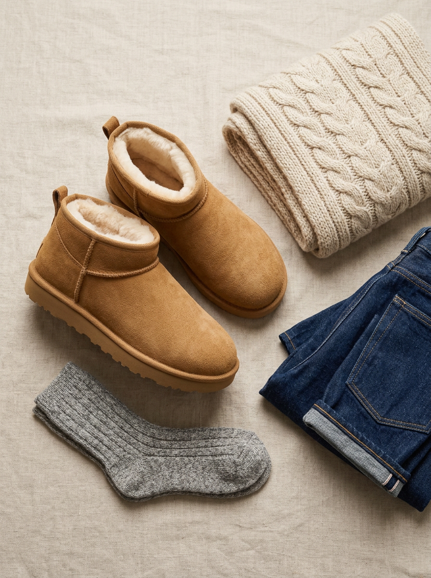 Hip Cozy boots styled flat lay with a knit scarf