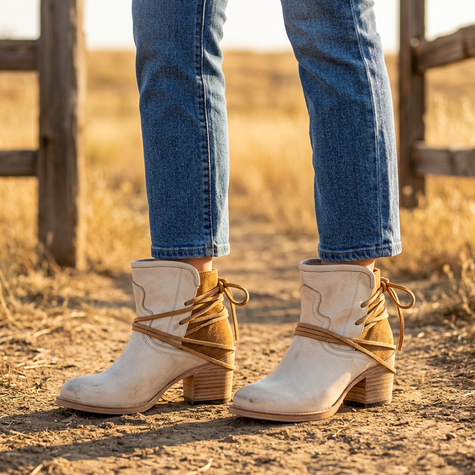 Harlow western ankle boots worn with denim on a dirt path