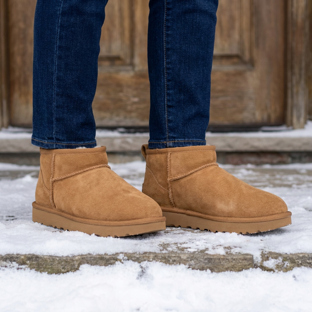 Hip Cozy faux fur lined ankle boots on a snowy doorstep