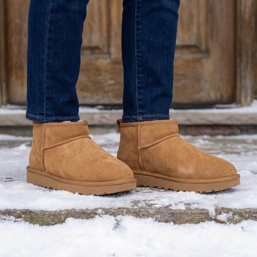 Hip Cozy faux fur lined ankle boots on a snowy doorstep