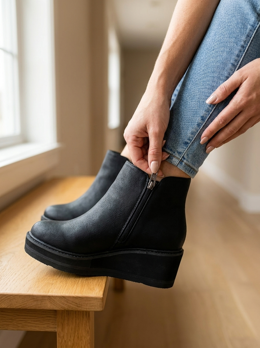 Hand pulling the side zipper on a black waterproof boot