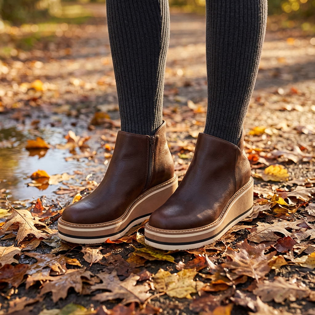 Brown waterproof ankle boots on an autumn park path