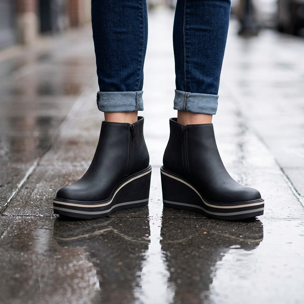 Black waterproof ankle boots worn on a wet city sidewalk