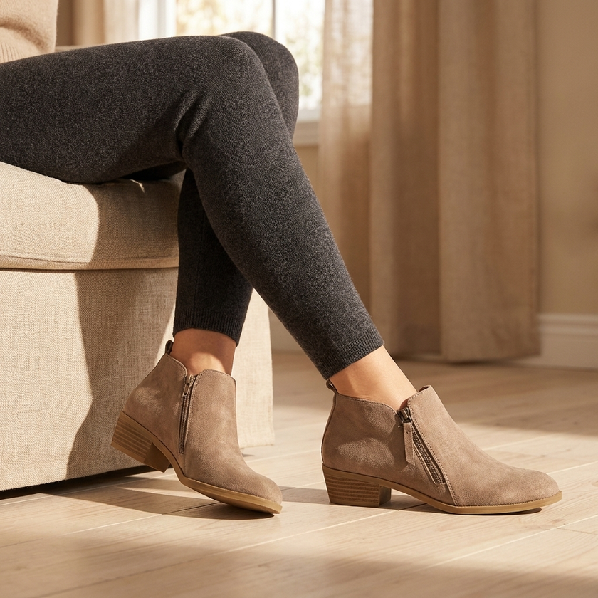 Beige suede zip up ankle boots in a sunlit living room