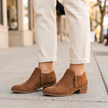 Brown suede zip up ankle boots on a city sidewalk
