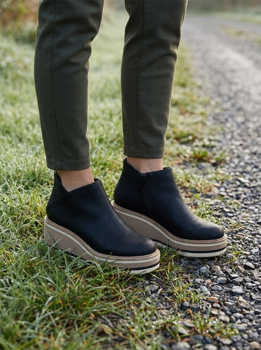 Black waterproof boots on damp grass beside a gravel path
