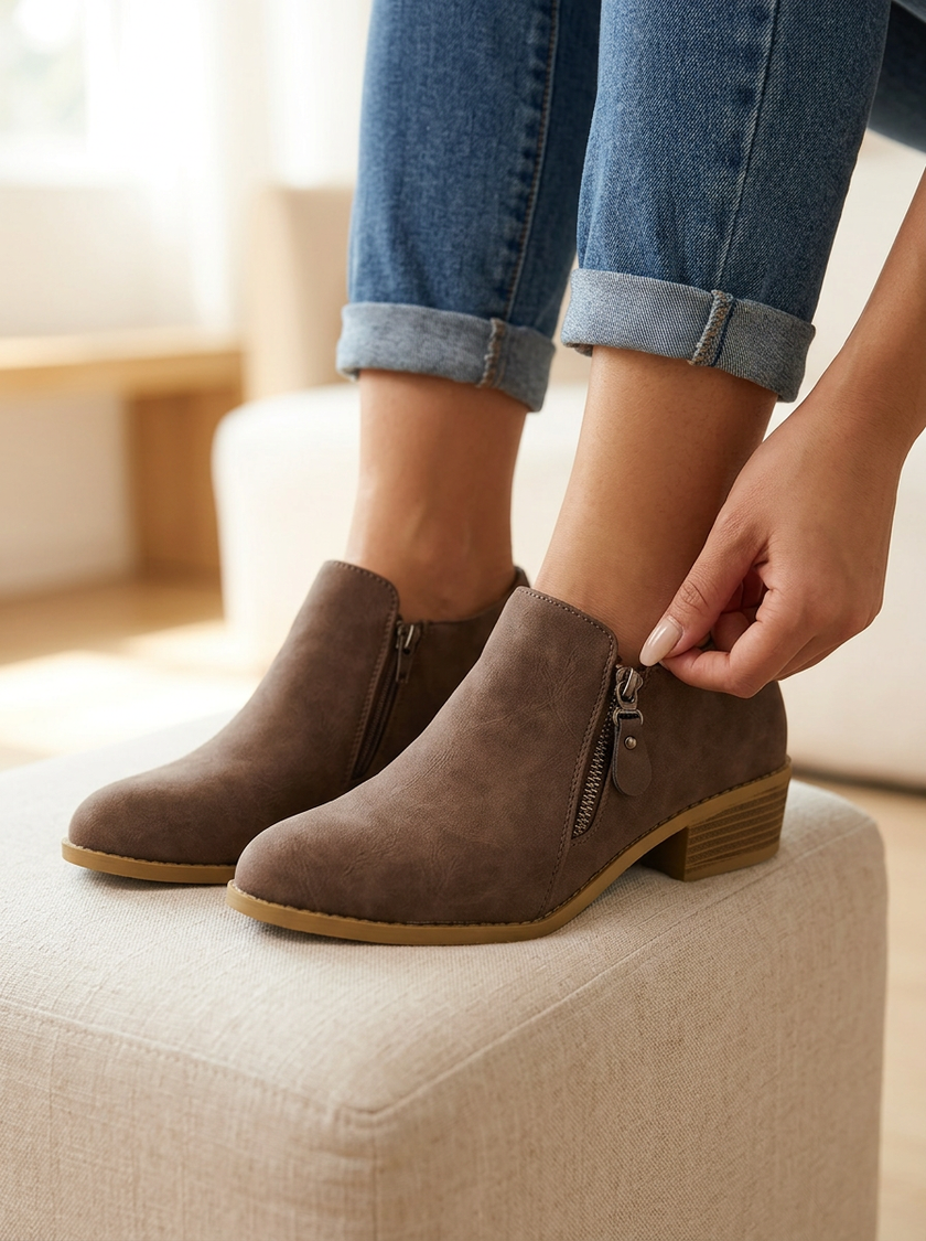 Hand drawing the side zipper on a brown suede ankle boot