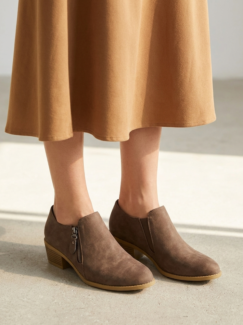 Brown suede ankle boots styled under a camel midi skirt