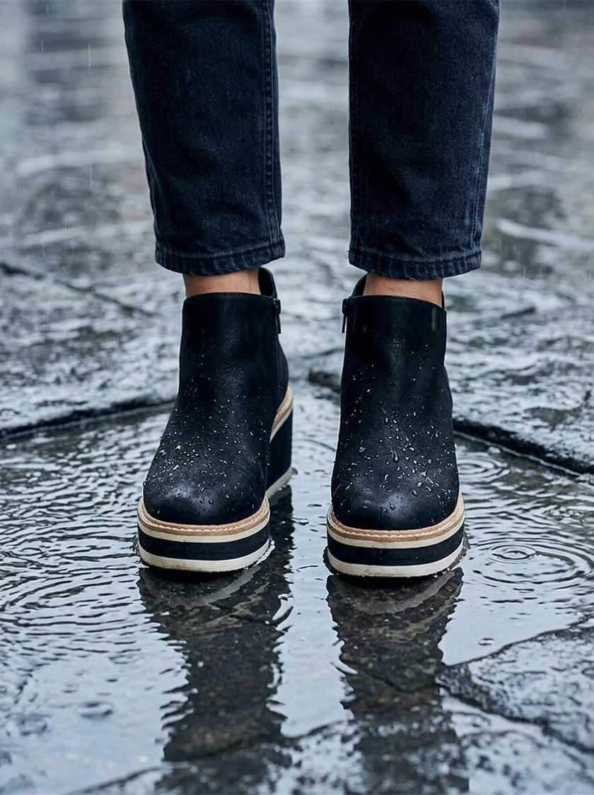 Waterproof boots standing in a rain puddle with water beading off