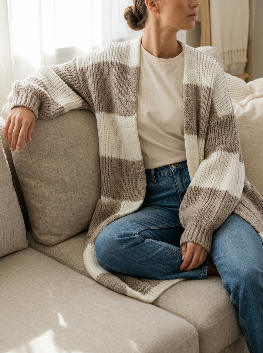 Oversized checkerboard cardigan draping while seated on a sofa