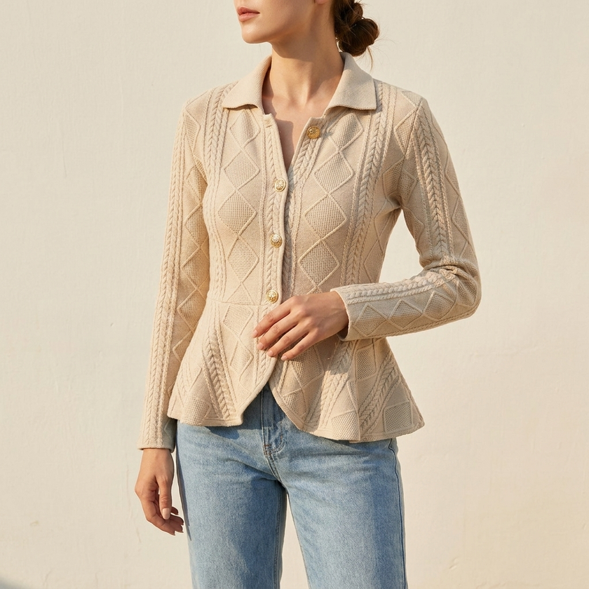 Black argyle cable knit cardigan jacket worn with light denim