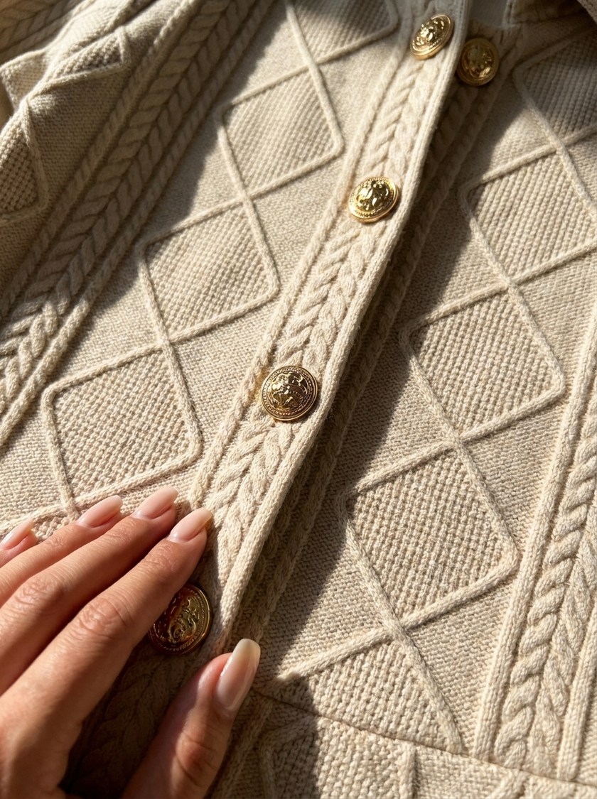 Macro of the argyle cable knit and gold tone button placket