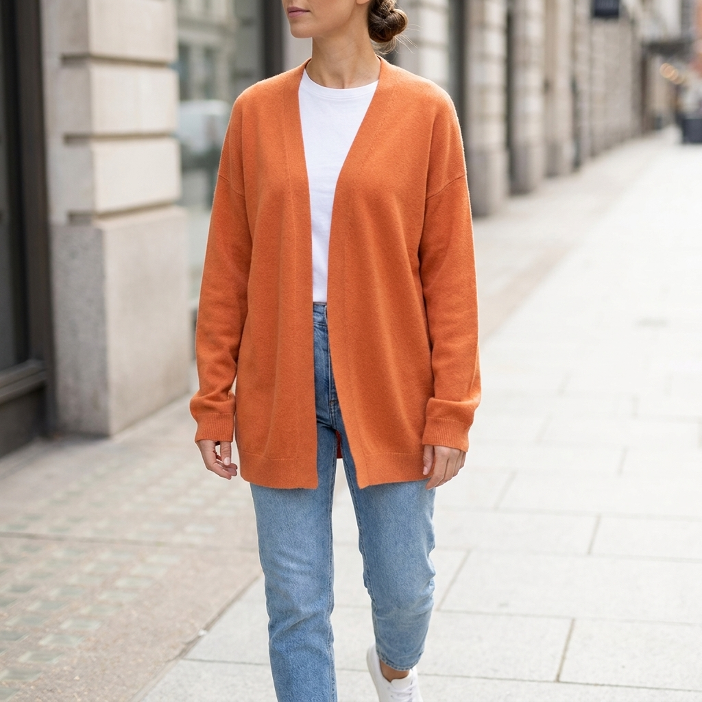 Soft knit open front cardigan worn over a white tee and denim