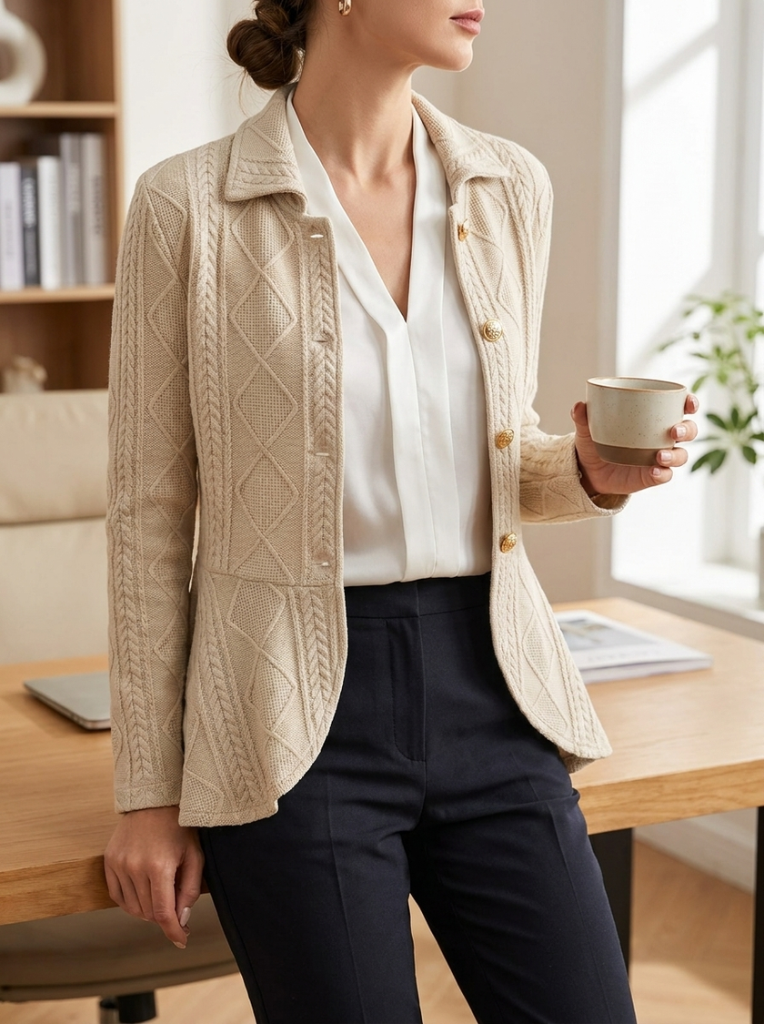 Argyle cardigan jacket worn open over a blouse at a desk