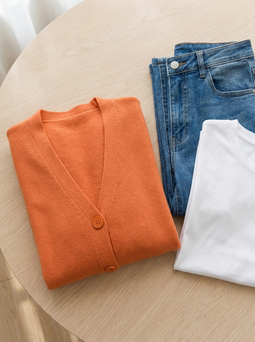 Soft knit cardigan folded flat lay with jeans and a white tee