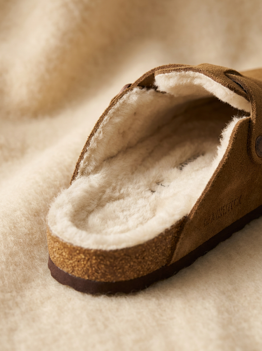 Macro of the fur lined cork footbed and cushioned heel cup