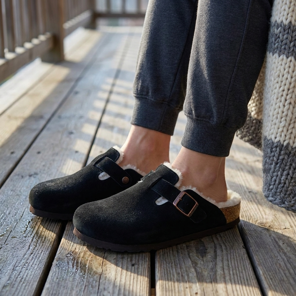 Black fur lined clogs worn stepping onto a porch