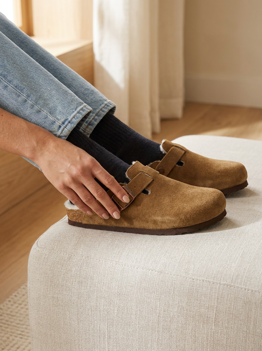 Hand adjusting the buckle strap on the fur lined clog