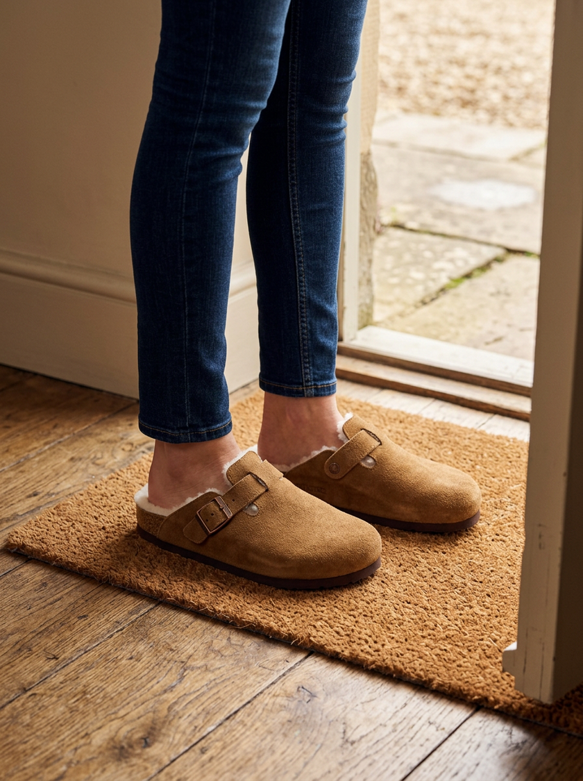 Fur lined clogs worn on a doormat by an open front door