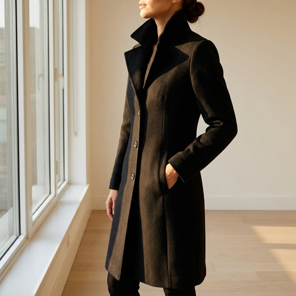 Black longline button coat worn buttoned beside a sunlit window