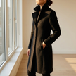 Black longline button coat worn buttoned beside a sunlit window