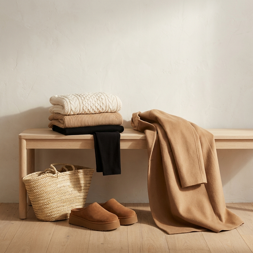 Mix and match bundle flat lay with folded knits, camel coat, straw tote and suede clogs