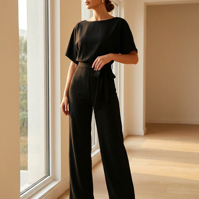 Black belted wide leg jumpsuit beside a sunlit window