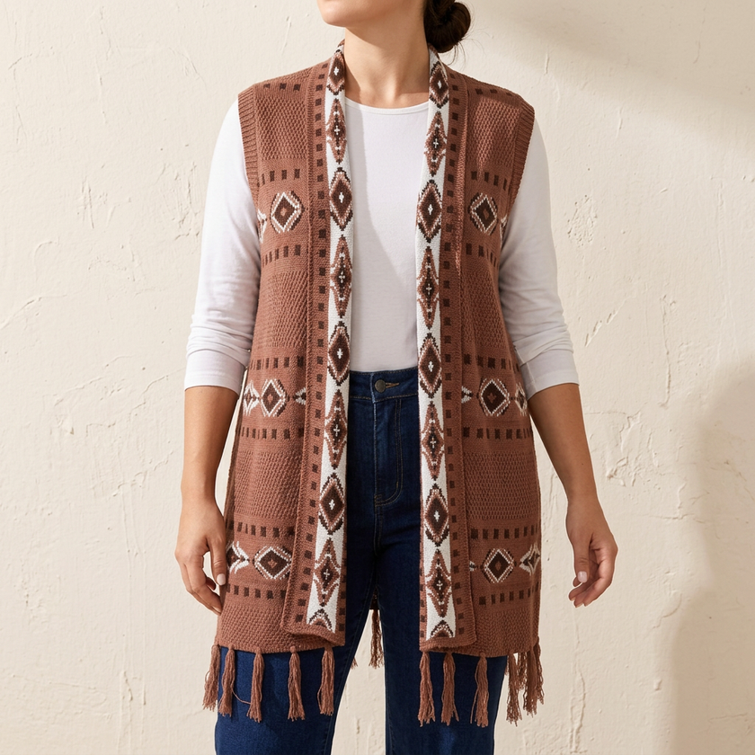 Brown open front sweater vest with fringe hem worn over a white tee