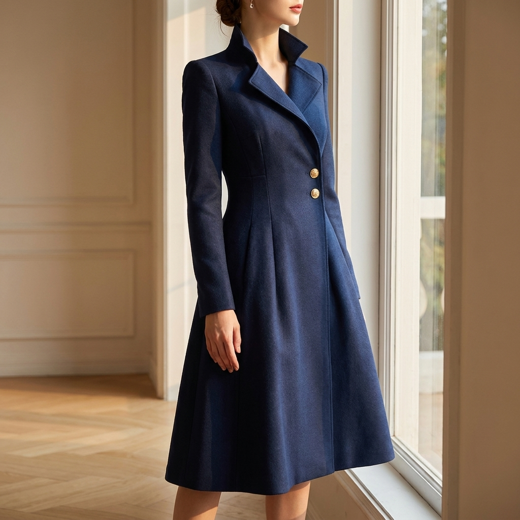 Navy tailored coat dress worn beside a sunlit window