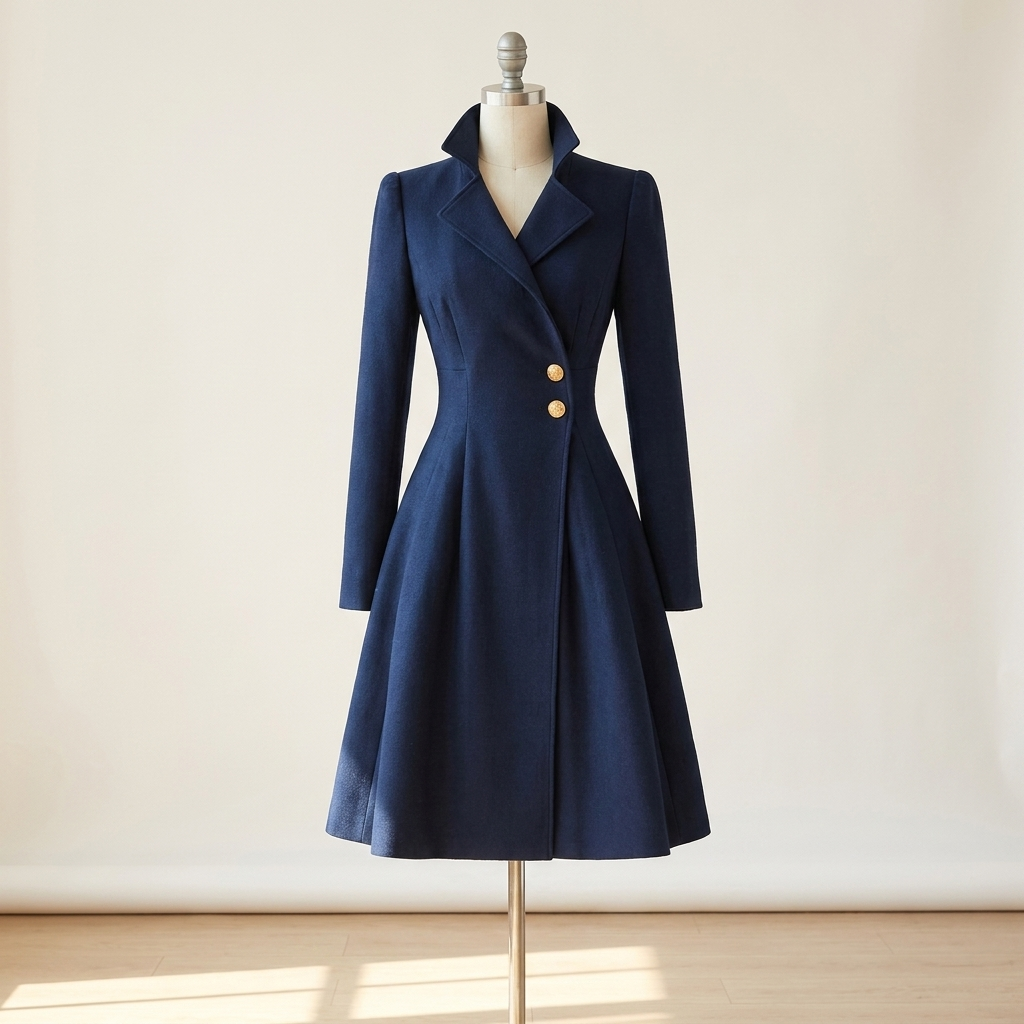 Navy tailored coat dress with structured collar and button placket on a studio form