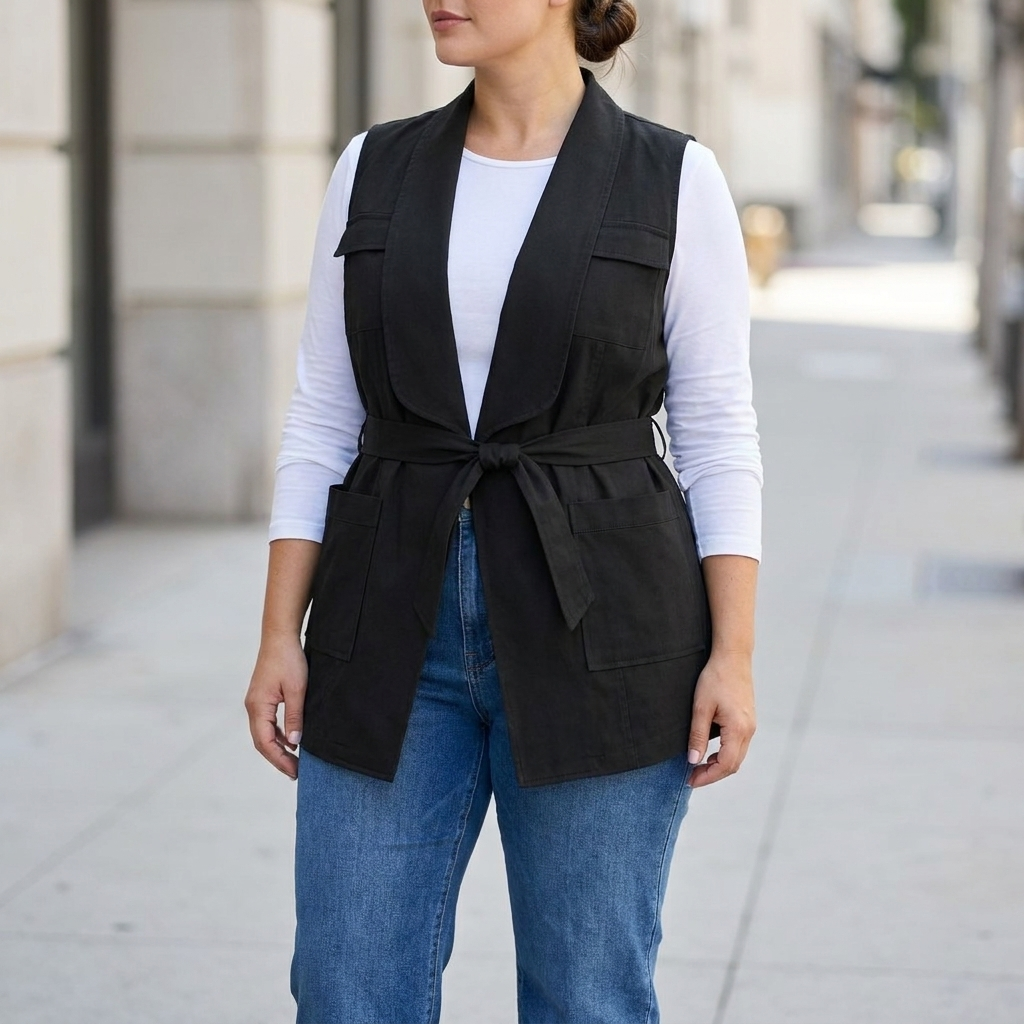 Black cargo pocket utility vest worn open over a white tee and denim