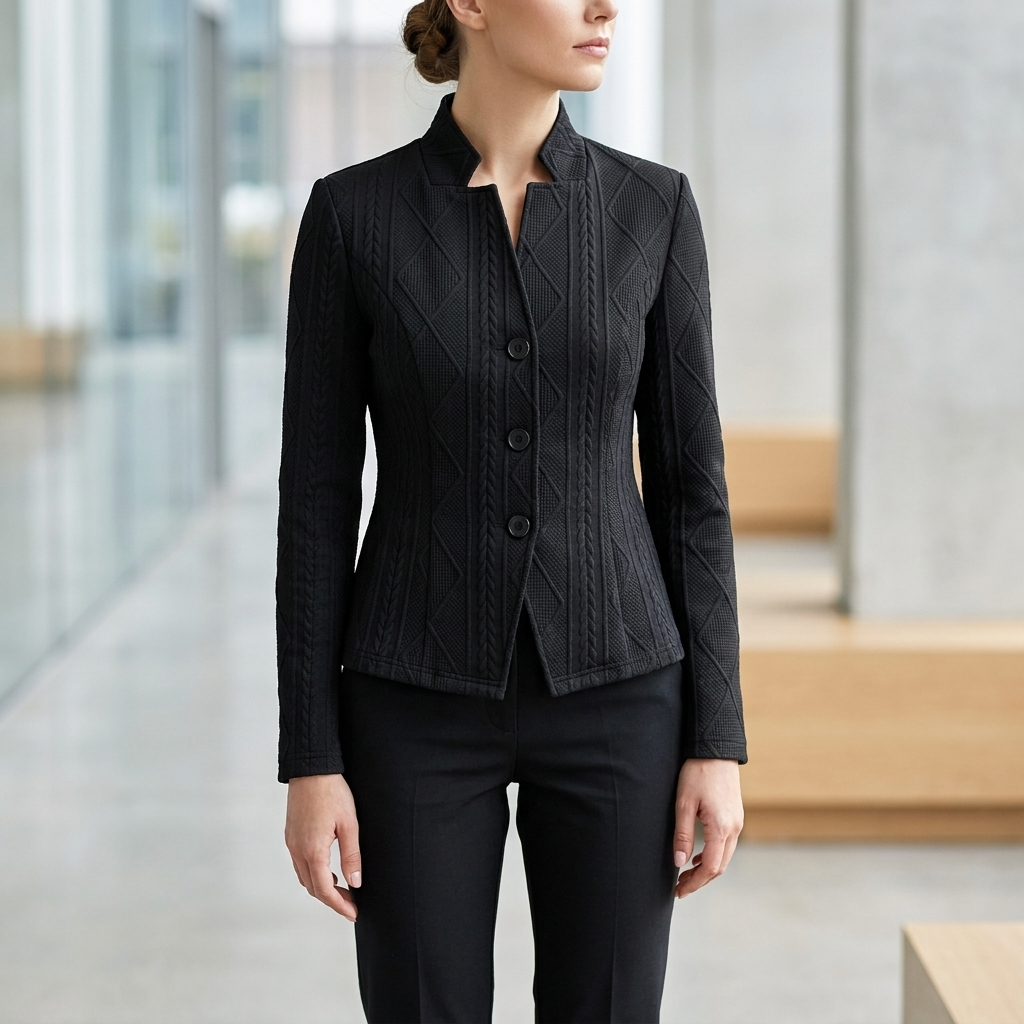 Black structured stand collar jacket with raised geometric texture in an office lobby