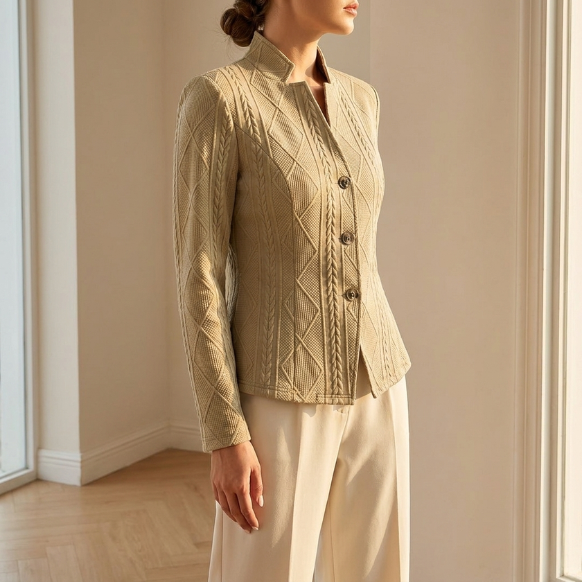 Khaki structured stand collar jacket beside a sunlit window